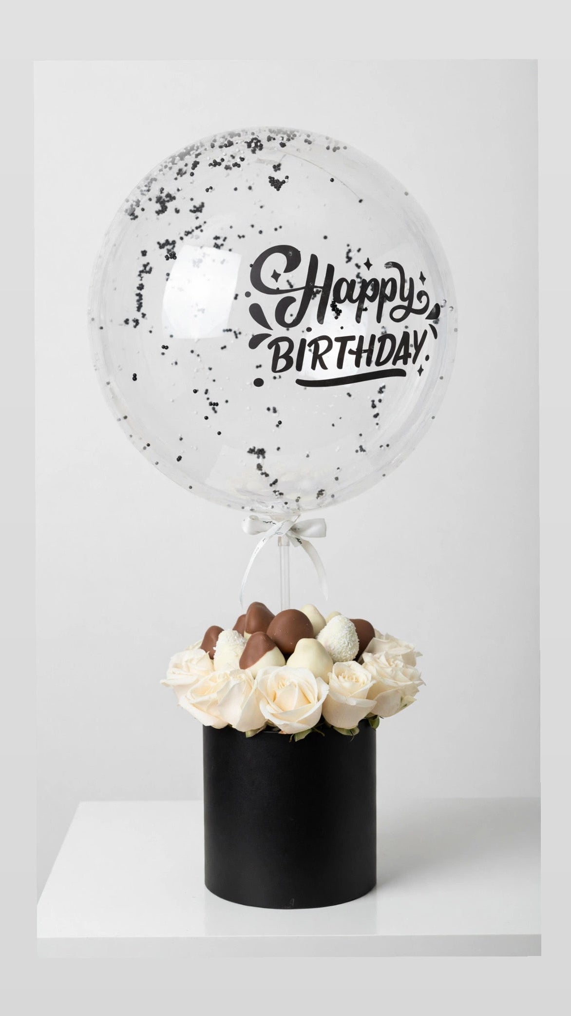 Black & White Birthday Bliss – Chocolate Strawberry, Roses & Balloon Gift Set