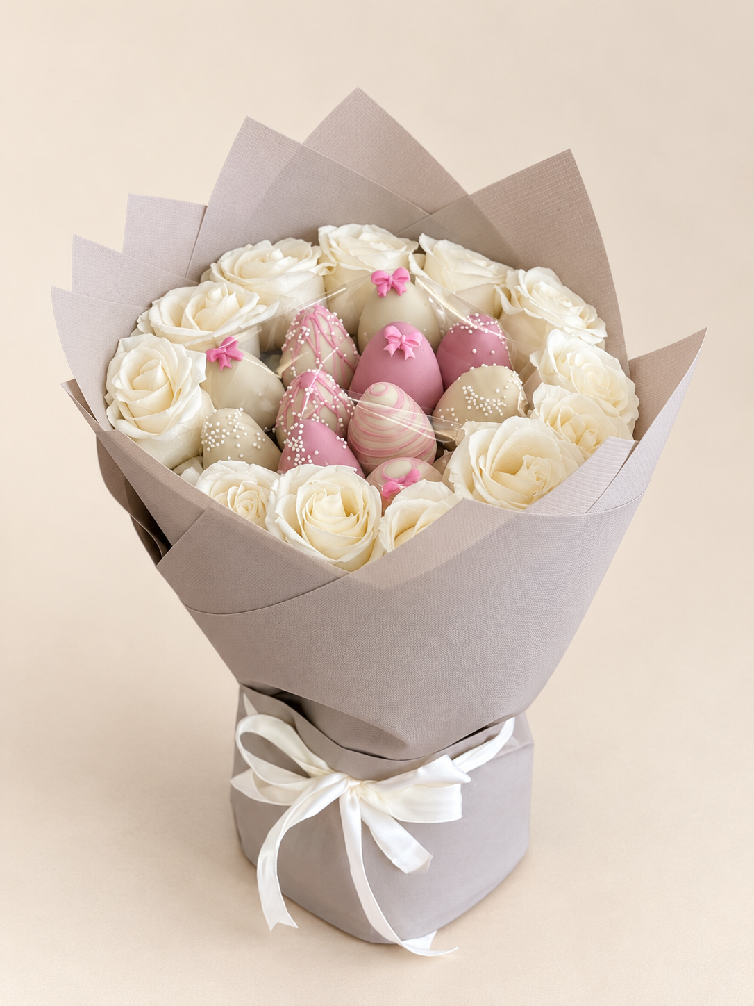 Pink & White Chocolate-Covered Strawberry & Rose Bouquet