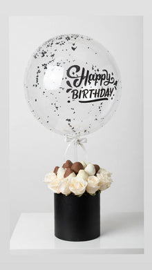 Black & White Birthday Bliss – Chocolate Strawberry, Roses & Balloon Gift Set