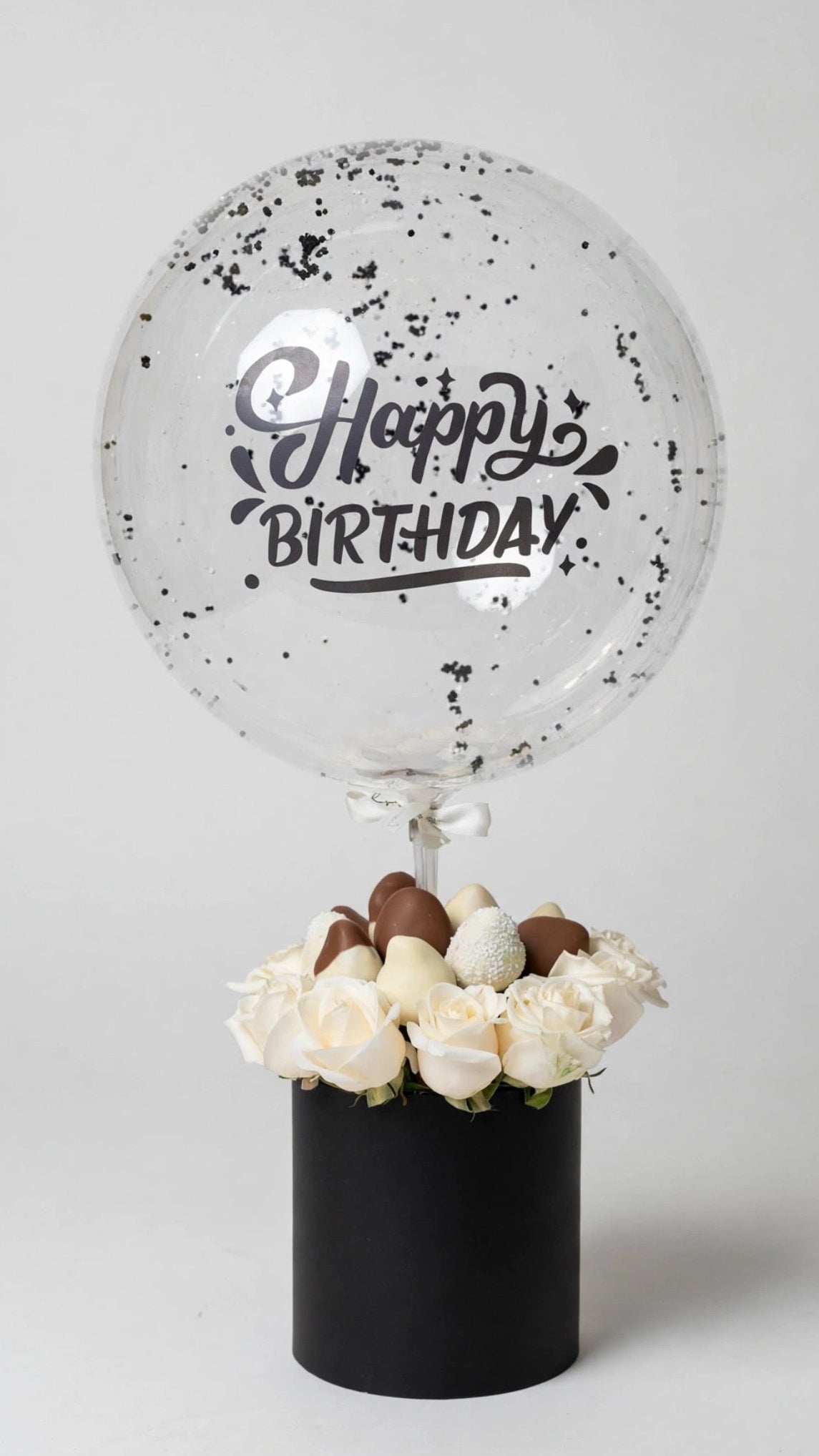 Black & White Birthday Bliss – Chocolate Strawberry, Roses & Balloon Gift Set