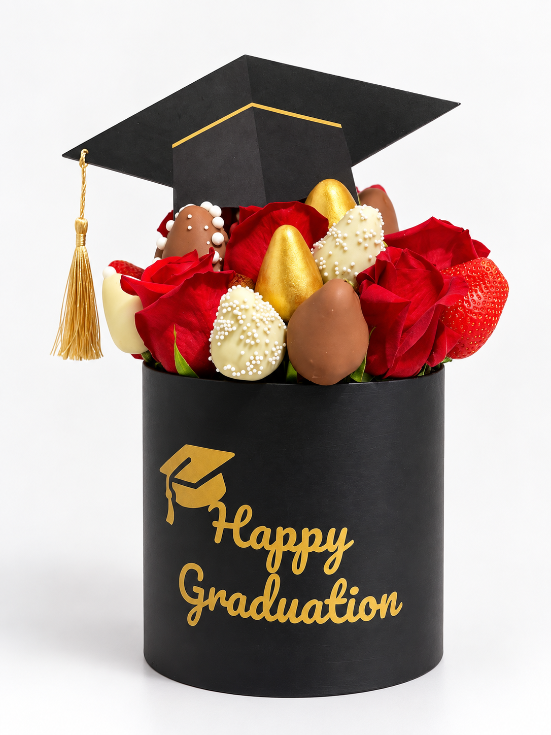 2026 Graduation Gift Box with Chocolate-Covered Strawberries & Roses