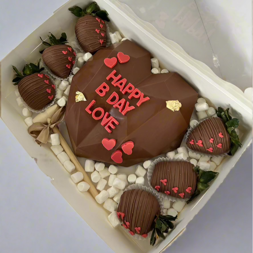 Smash heart with red letters and dipped strawberries 